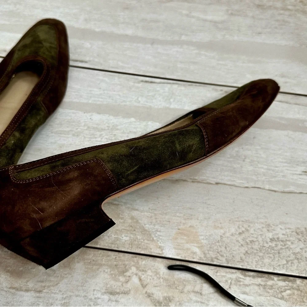 Salvatore Ferragamo Women Sz 9.5 AA Brown Green Suede Vintage Boho Chic Slip Ons
